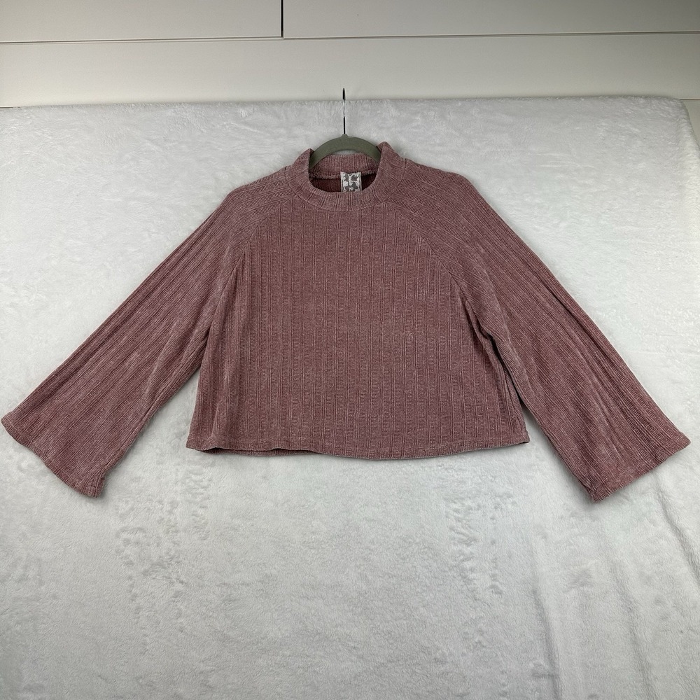 Sadie & Sage Sweater Pullover Chenille Cropped Flutter Sleeve Dusty Pink‎